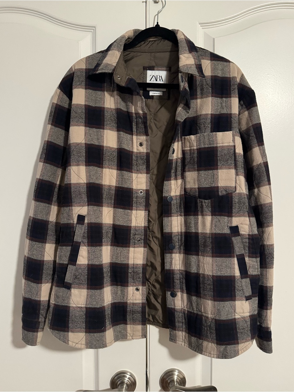 ZARA Beige & Black Plaid Quilted-Lined Shacket